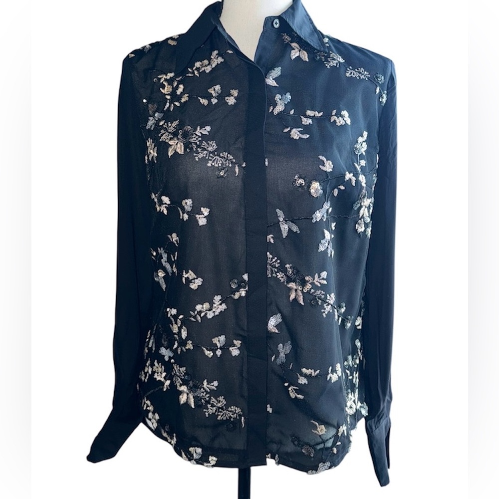 BLACK SHEER FLORAL EMBROIDERED BUTTON DOWN BLOUSE